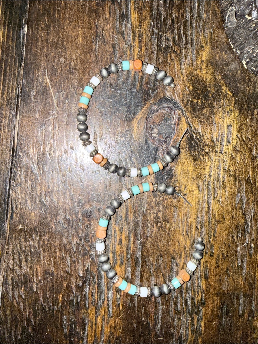 Beaded Hoop Earrings in Turquoise, White & Brown - Women Jewelry